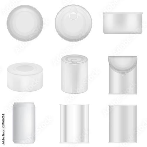 Tin can jalopy grocery food package mockup set. Realistic illustration of 9 Tin can jalopy grocery food package for web