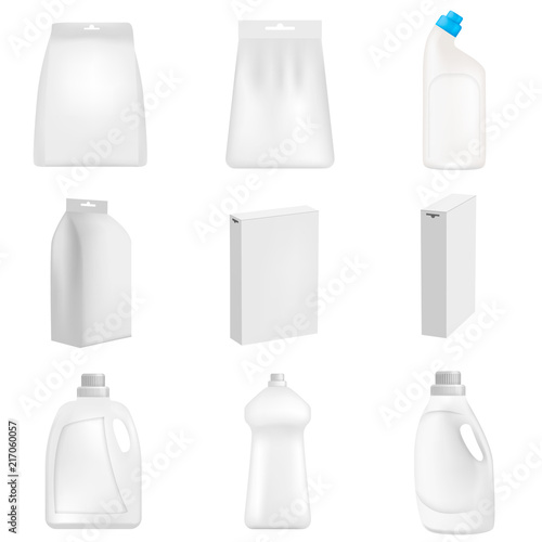 Detergent bottle cleaning powder washing mockup set. Realistic illustration of 9 detergent bottle cleaning powder washing mockups for web