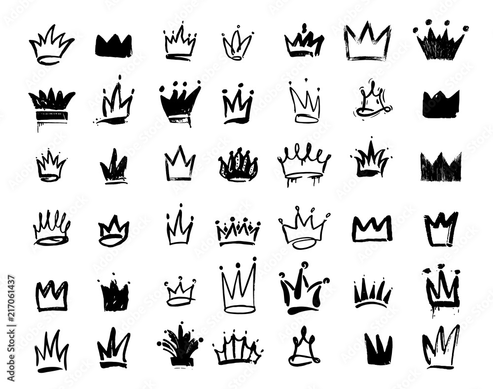 Fototapeta Zestaw ikon graffiti logo Crown. Rysowanie ręcznie czarnymi elementami. Ilustracji wektorowych. Pojedynczo na białym tle