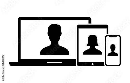 Video chat, video conference or telemedicine on laptop computer, tablet and smartphone / cell phone flat vector icon for apps and websites