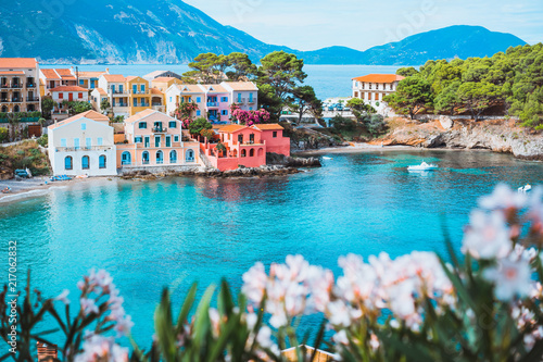 Bright white flower blossom in front of turquoise colored bay in Mediterranean sea and beautiful colorful houses in Assos village in Kefalonia, Greece photo