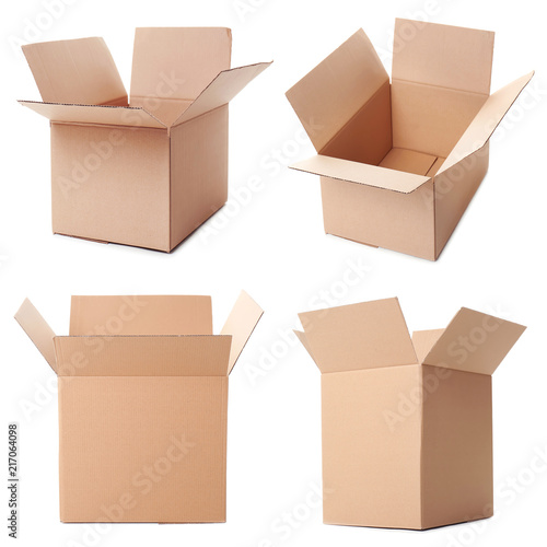 Collection of various cardboard boxes on white background