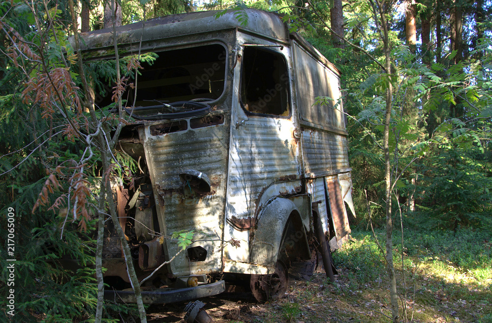 An old abandoned car stands and rusts in the forest,