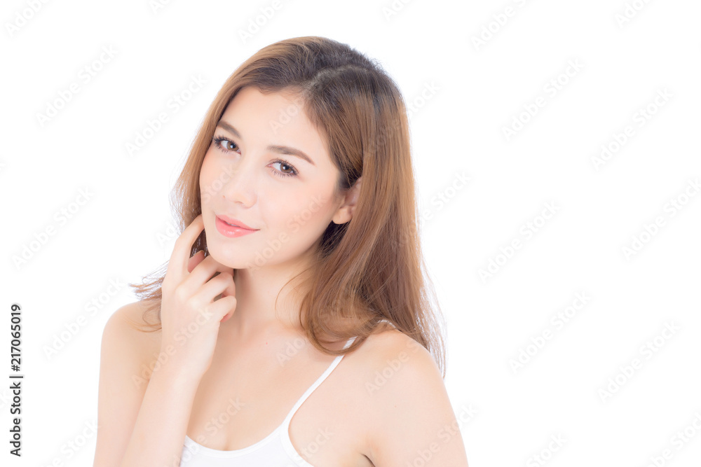Portrait of beautiful woman asian makeup of cosmetic, girl hand touch cheek and smile attractive, face of beauty perfect with wellness isolated on white background with skin healthcare concept. Portrait of beautiful woman asian makeup of cosmetic, girl hand touch cheek and smile attractive, face of beauty perfect with wellness isolated on white background with skin healthcare concept.