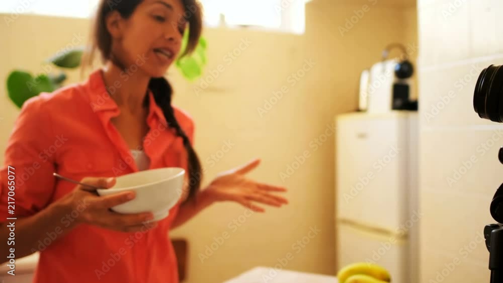 Female video blogger recording video food vlog 4k Female video blogger recording video food vlog 4k