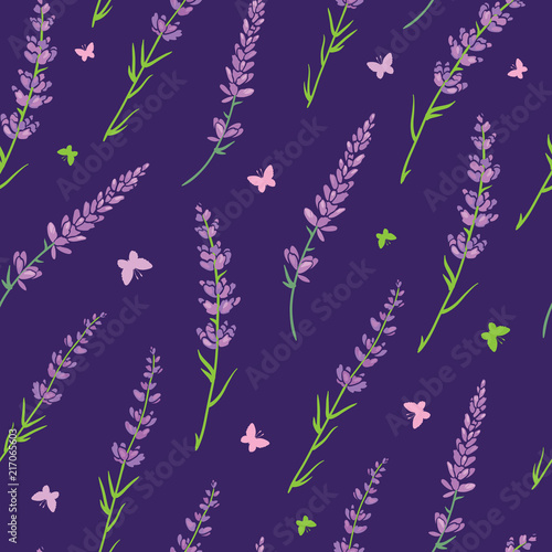 Purple lavender repeat pattern design. Great for springtime modern fabric, wallpaper, backgrounds, invitations, packaging design projects. Surface pattern design.