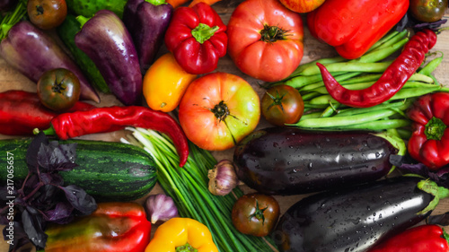 Harvest, Autumn. Panoramic collection of fresh healthy fruits and vegetables. Healthy eating background. Vegetables background