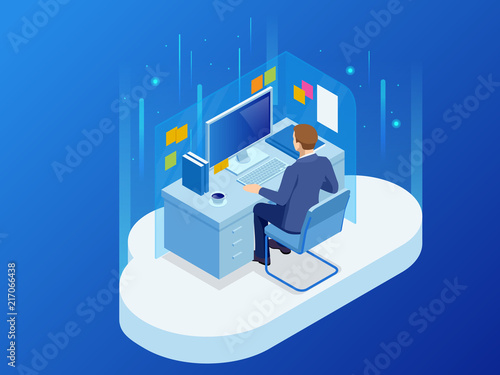 Isometric man working with a cloud technology, a new technology concept. Workplace, laboratory, office room. Vector Illustration