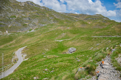 View of the picturesque Prutash mountain with snow strips.