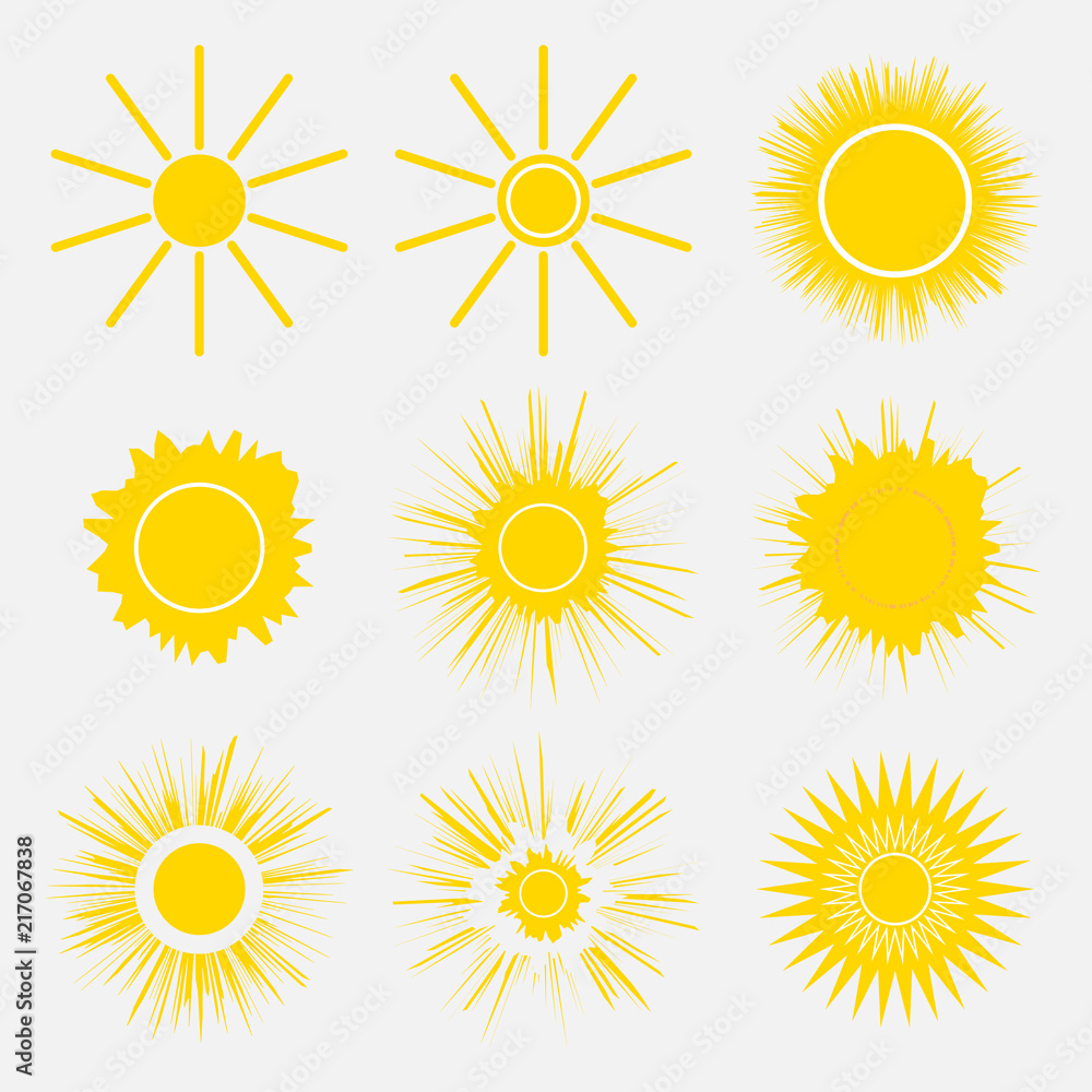 Set of simple yellow orange Sun icons on white background. Cartoon vector  illustration of a sunrise. Sunset Graphic logo symbols for kids. Stock  Vector | Adobe Stock