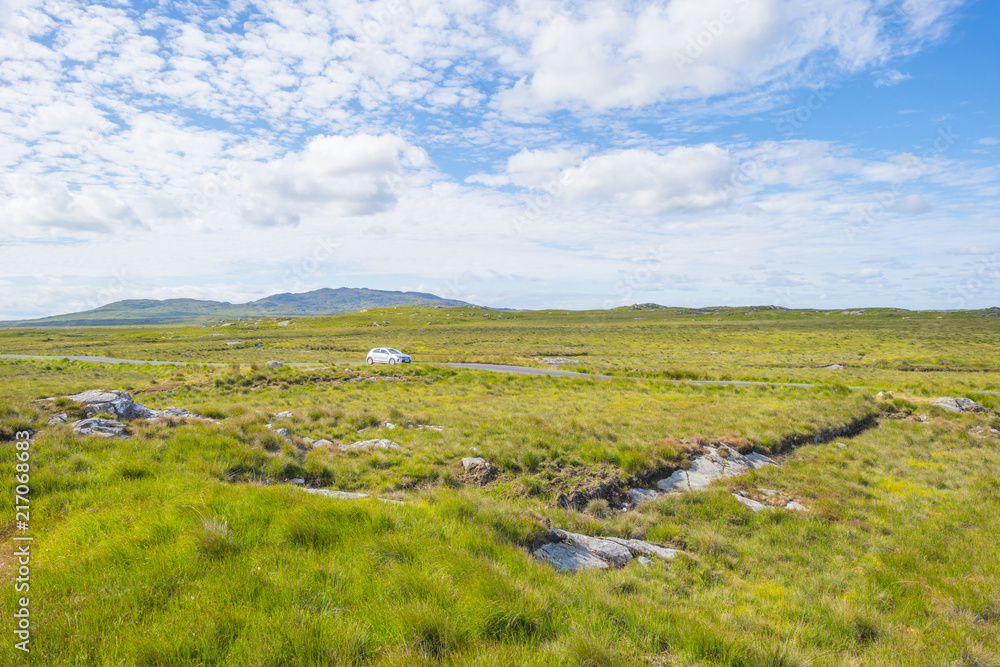 Panorama of mountains, marshy land and heathland of Connemara National Park in summer