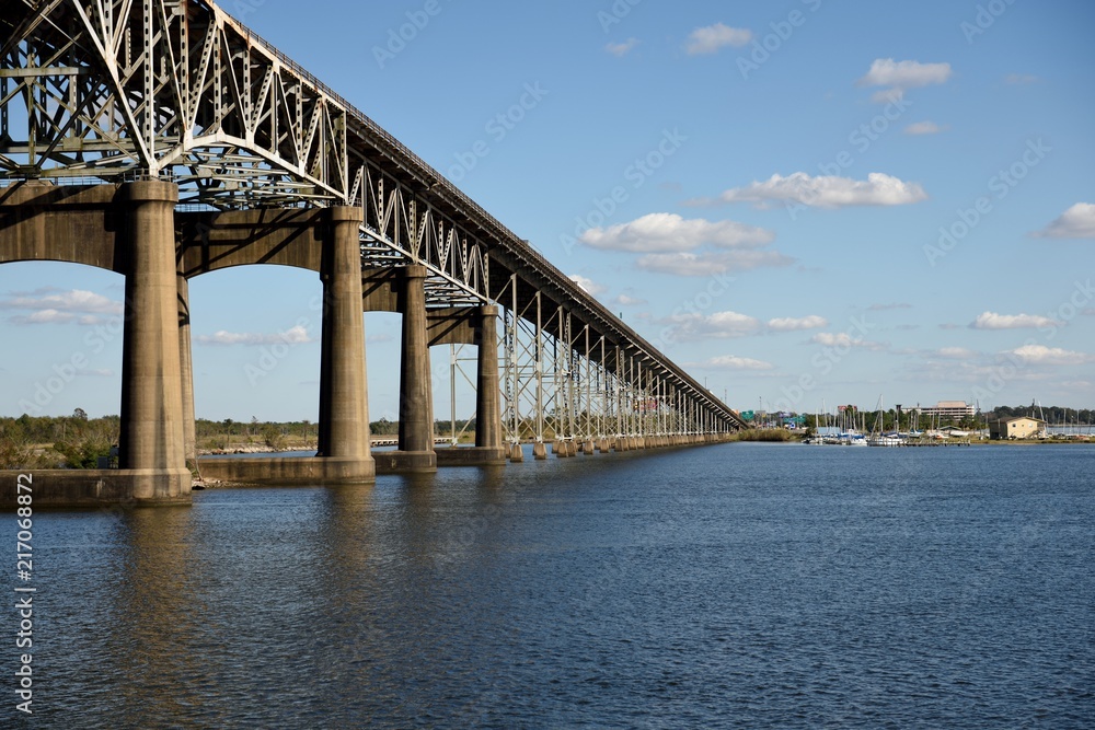 Low angle view of the Louisiana Calcasieu River Memorial World War II Bridge, connecting Lake Charles and Westlake