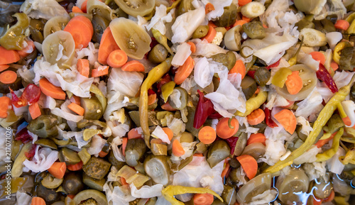 Mix of vegetable pickles, mixed pickle background