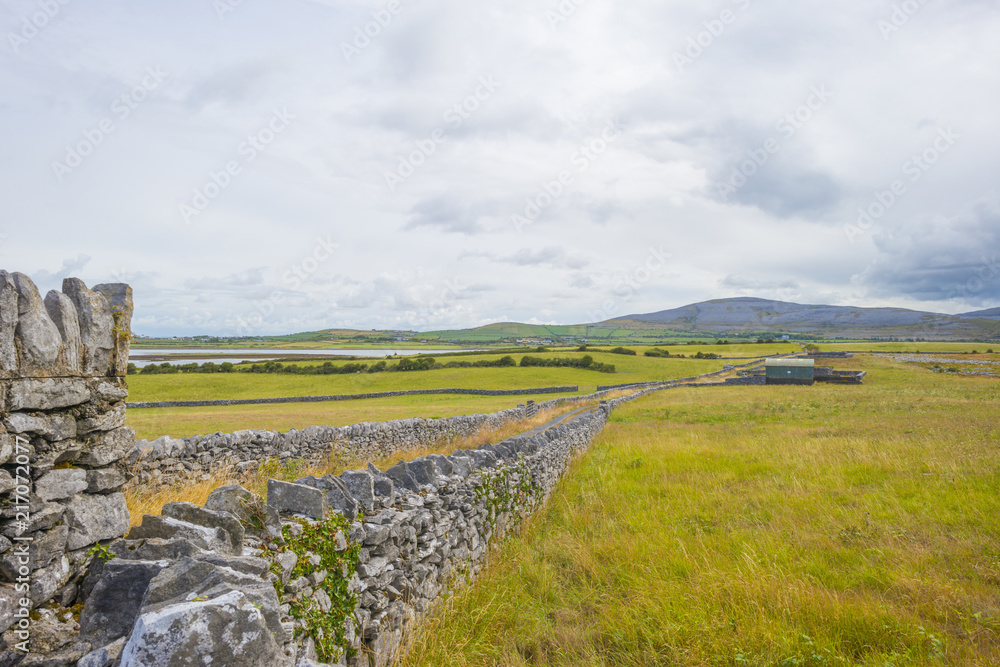 Mountain on the horizon of national park the Burren in Ireland