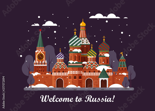 Welcome to Russia. St. Basil s Cathedral on Red square. Kremlin palace - vector stock flat illustration. Winter night landscape design