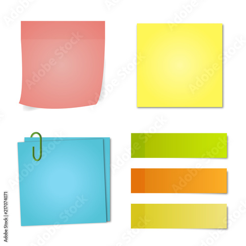 Multicolored sets of notes of different shapes on white isolated background. Notes with the effect of shadows. Vector. photo