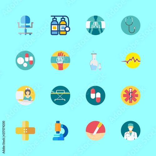 hospital vector icons set. stretcher, x ray, band aid and chemistry in this set