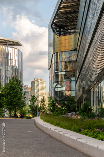 New York City / USA - JUL 27 2018: The Bloomberg Center buiding on Roosevelt Island in a clear afternnon