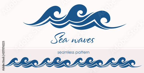 Marine seamless pattern with stylized waves on a light backgroun