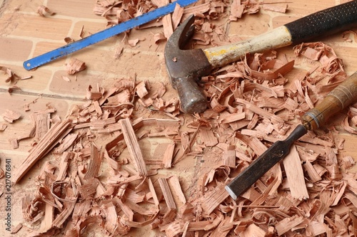 wood sawdust and tools