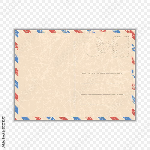 Vector scratched the Card. A shabby postcard for travel on an isolated transparent background. Template for your designs.
