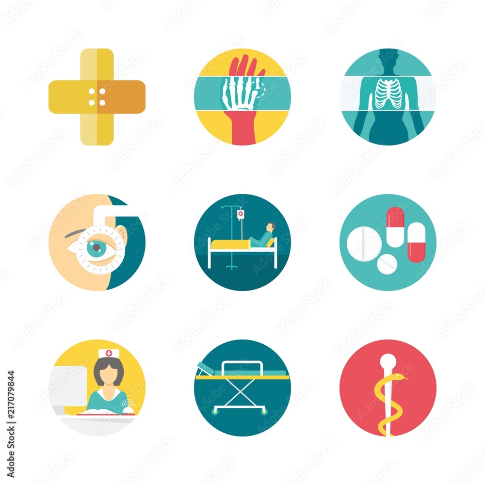 hospital vector icons set. stretcher, band aid, nurse and pills in this set