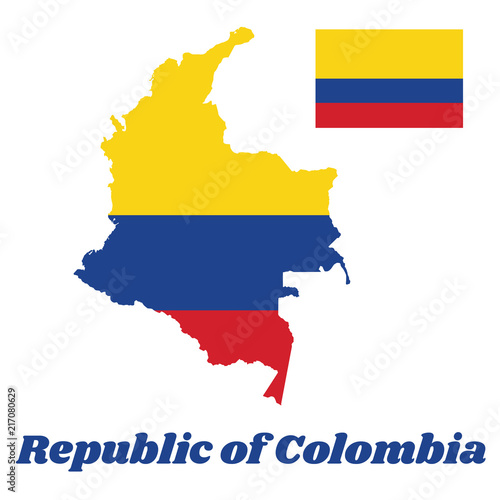 Map outline of Colombia, a horizontal tricolor of yellow (double-width), blue and red, text name Republic of Colombia.