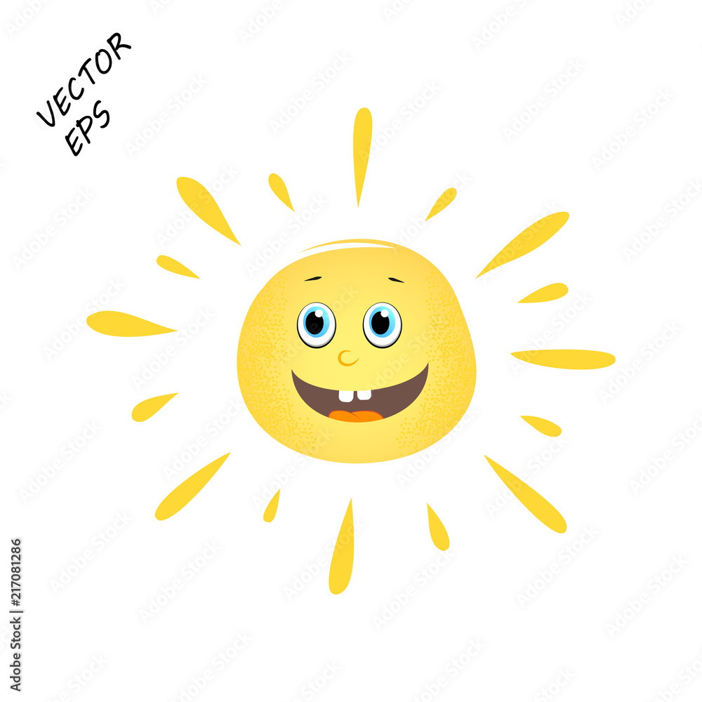 Laughing vector sun on isolated background. A child's drawing of a laughing face. The sun is the concept of summer, rest.