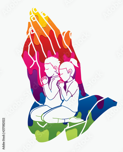 Boy and Girl Prayer, Christian praying ,Praise God, Worship cartoon graphic vector