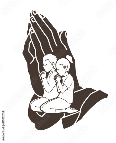 Boy and Girl Prayer, Christian praying ,Praise God, Worship cartoon graphic vector