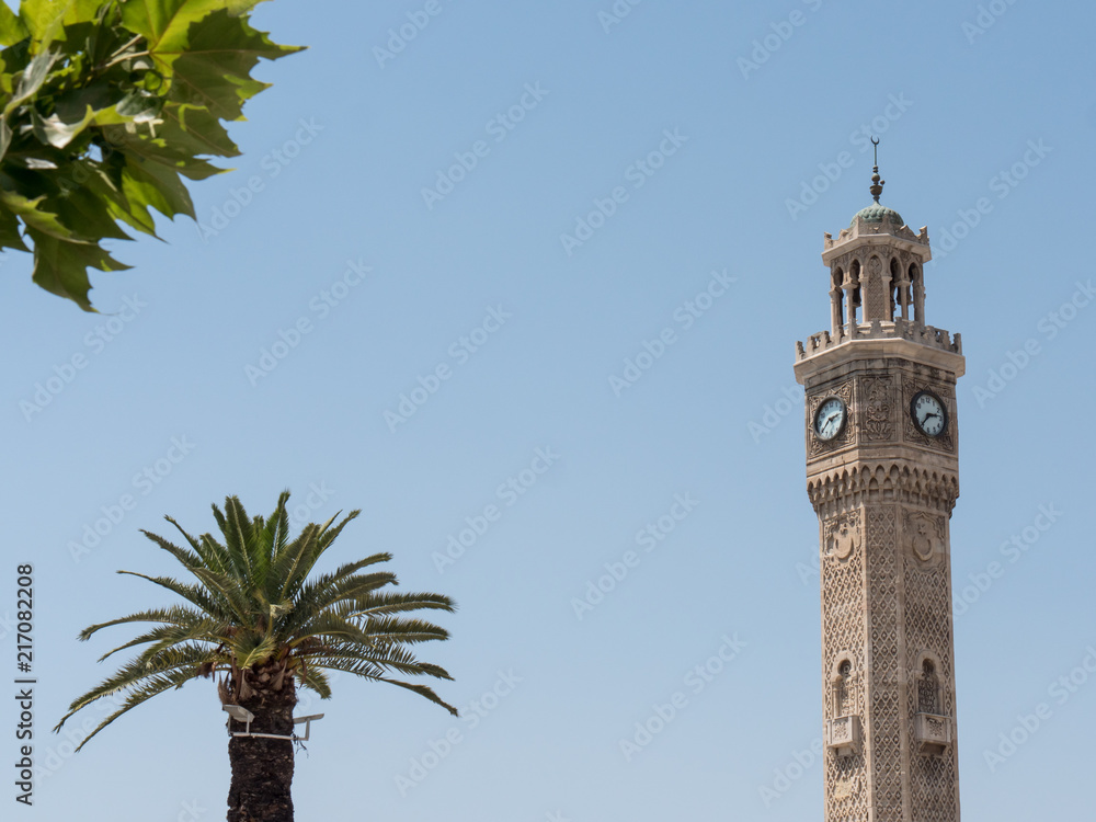 izmir clock tower view with leaves  in izmir city Turkey