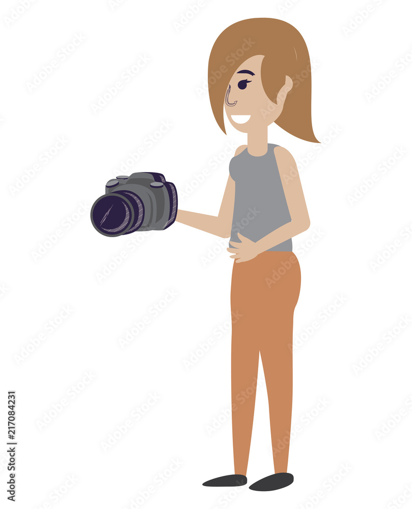 cartoon woman holding a camera over white background, vector illustration cartoon woman holding a camera over white background, vector illustration