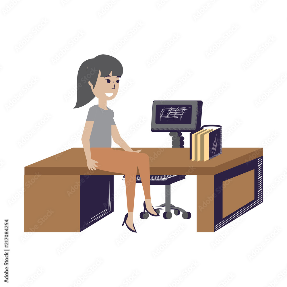 cartoon businesswoman sitting on the office desk over white background, vector illustration cartoon businesswoman sitting on the office desk over white background, vector illustration