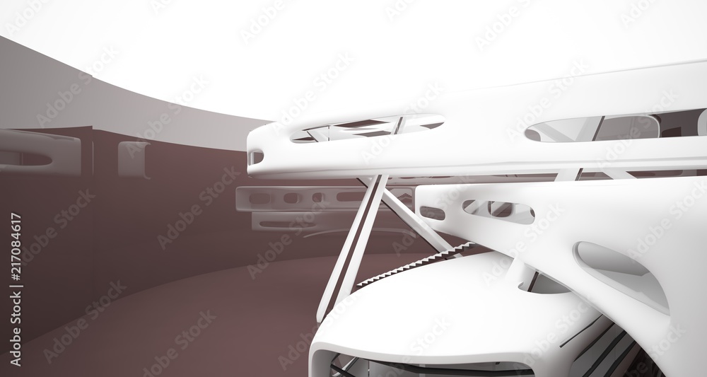 Abstract dynamic interior with brown smooth objects. 3D illustration and rendering