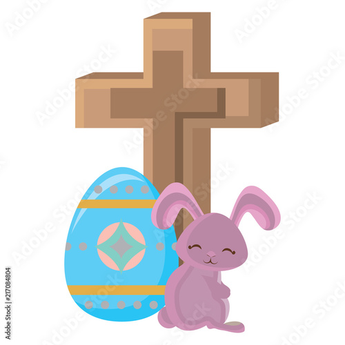 happy easter design with religious cross with cute bunny and easter eggs over white background, vector illustration