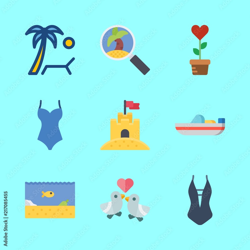 tropical vector icons set. swimsuit, love birds, plant and sea life in this set