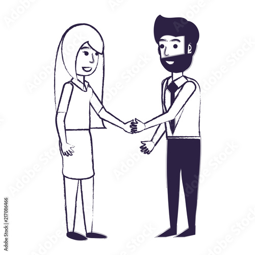 Businessman and woman shaking hands firmly over white background, vector illustration