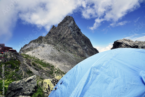 A location of a wonderful tent where the scenery of Yarigatake in Japan Alps 