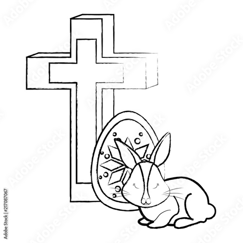 happy easter design with religious cross with cute bunny and easter eggs over white background, vector illustration