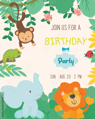Cute animal theme birthday party invitation card vector illustration.