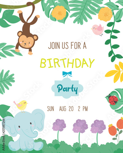 Cute animal theme birthday party invitation card vector.