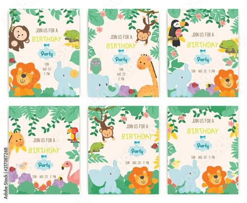 Cute animal theme birthday party invitation card vector illustration.