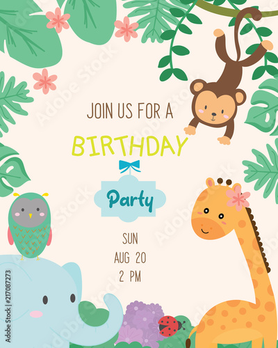 Cute animal theme birthday party invitation card vector illustration.