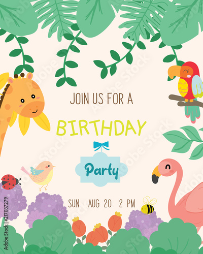 Fototapeta Naklejka Na Ścianę i Meble -  Cute animal theme birthday party invitation card vector illustration.
