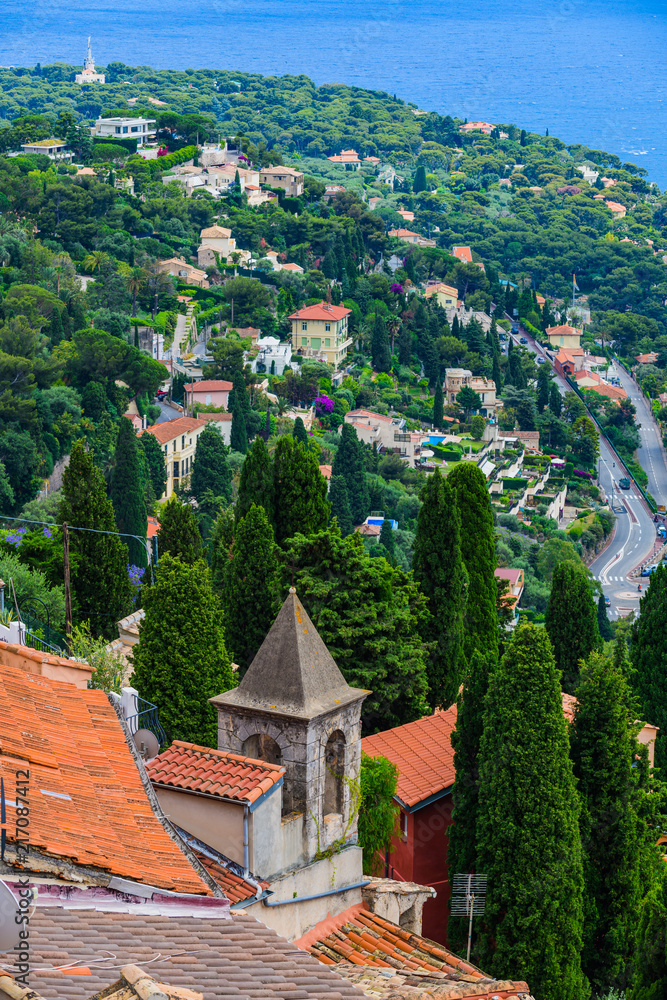 Fototapeta premium Stunning views of the coast from the medieval village of Roquebrun Cap Martin. Cote d'Azur. France