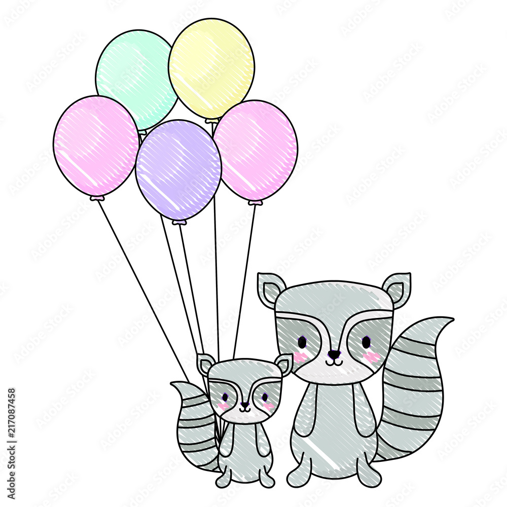 cute raccoons and balloons over white background, vector illustration cute raccoons and balloons over white background, vector illustration