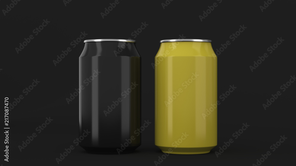 Two small black and yellow aluminum soda cans mockup on black background Two small black and yellow aluminum soda cans mockup on black background
