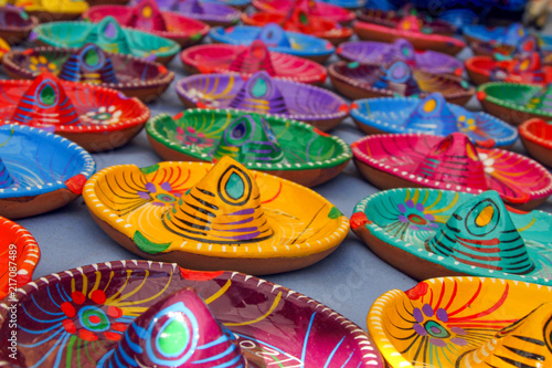 Multicoloured Traditional Mexican Sombrero Hat Ashtrays on Tepotzlan Market Stall.