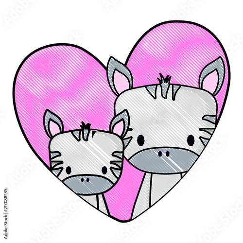 heart with cute zebras over white background, vector illustration