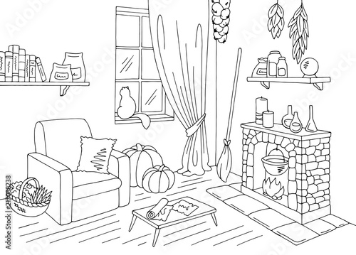 Witch living room graphic black white home interior sketch illustration vector